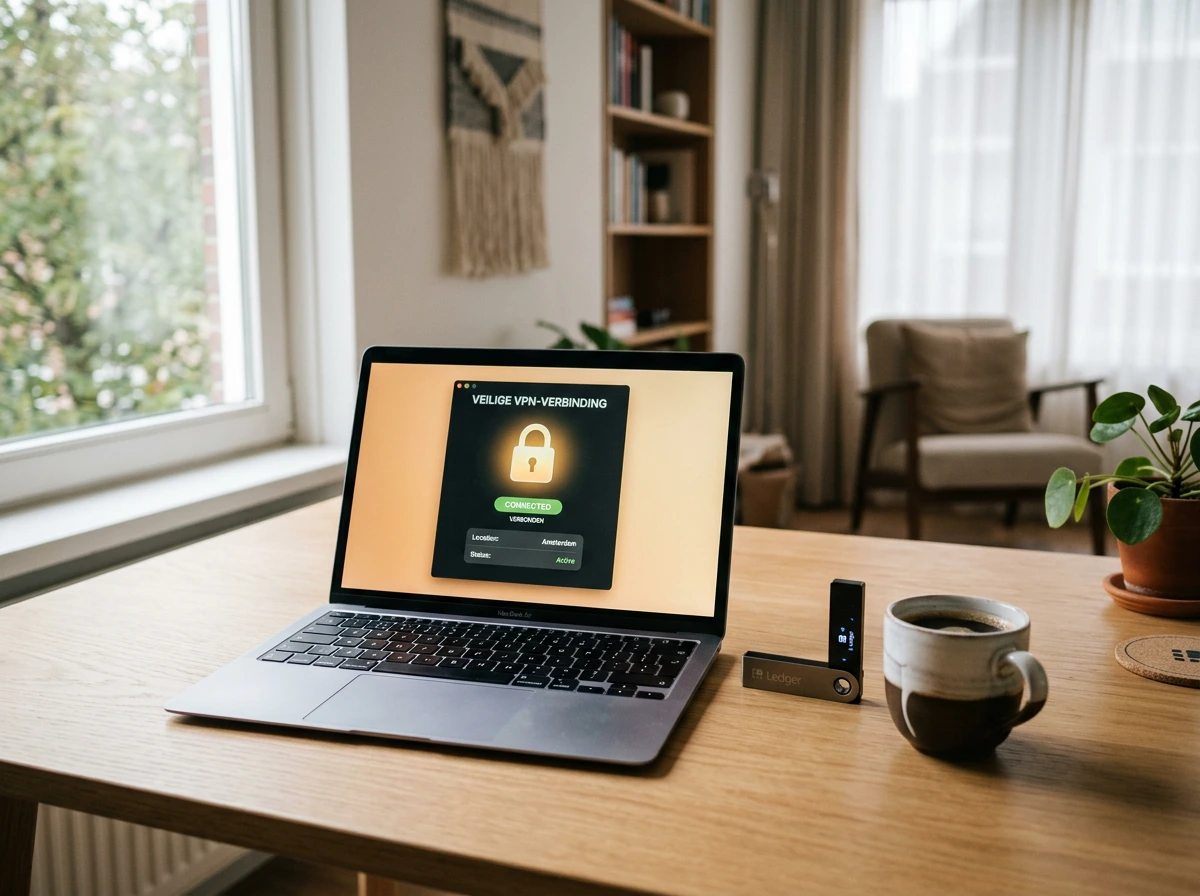 Laptop met een VPN-verbinding en een crypto-wallet op het scherm in een Nederlandse werkomgeving