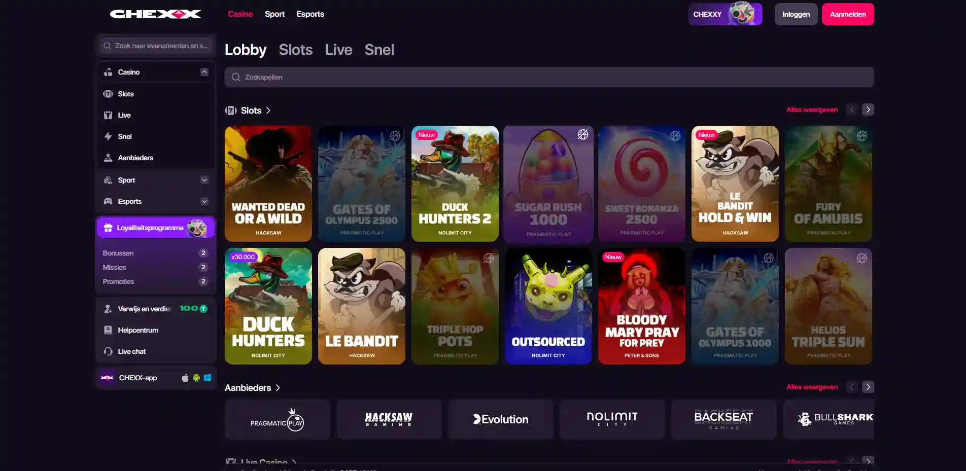 CHEXX casinovoorkant met spelcategorieën, filters en tegels