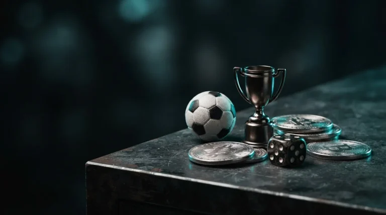 Crypto, dobbelstenen, trofee en voetbal als productconcept