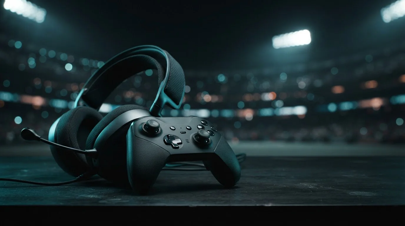 Gamingheadset, controller en stadionlichten rond sport en esports