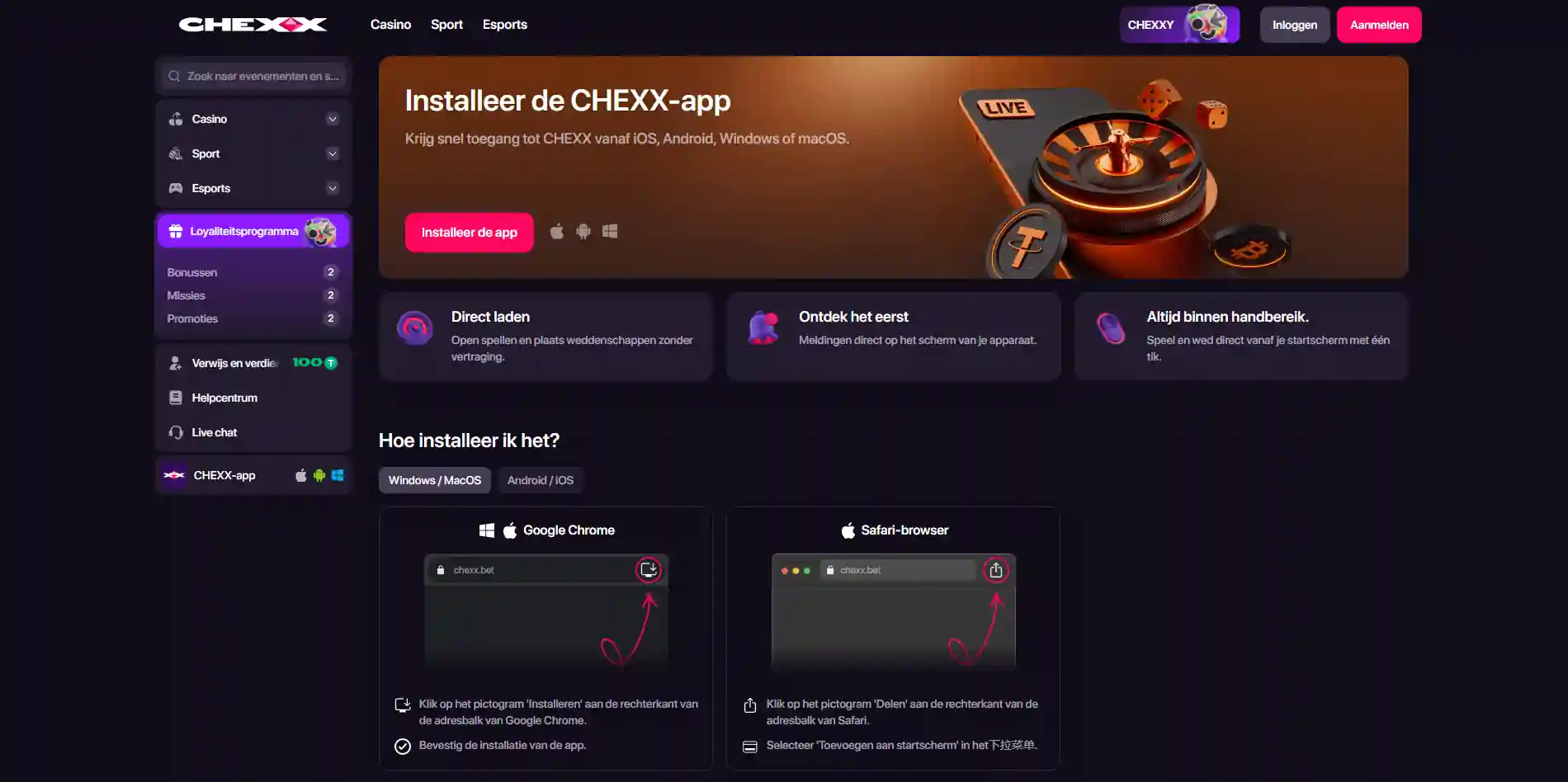 CHEXX PWA installatieopties voor telefoon en desktopplatforms