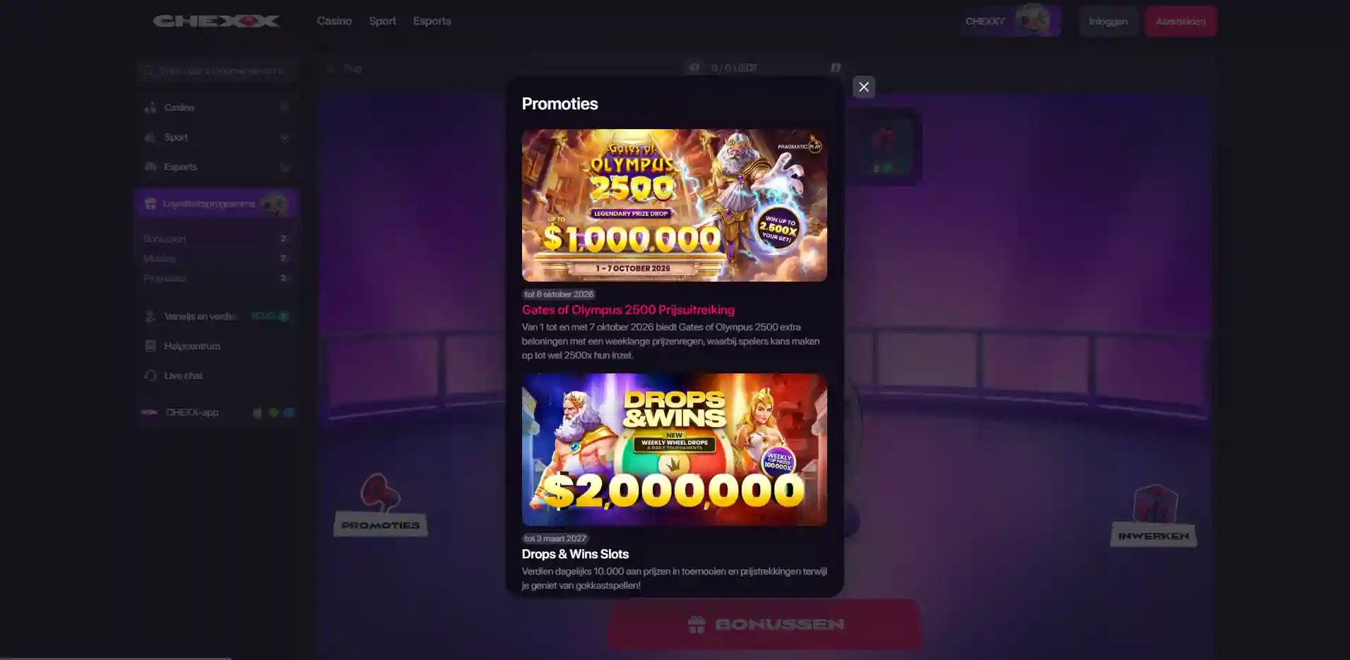 CHEXX welkomstpakket met drie bonusniveaus en gratis spins