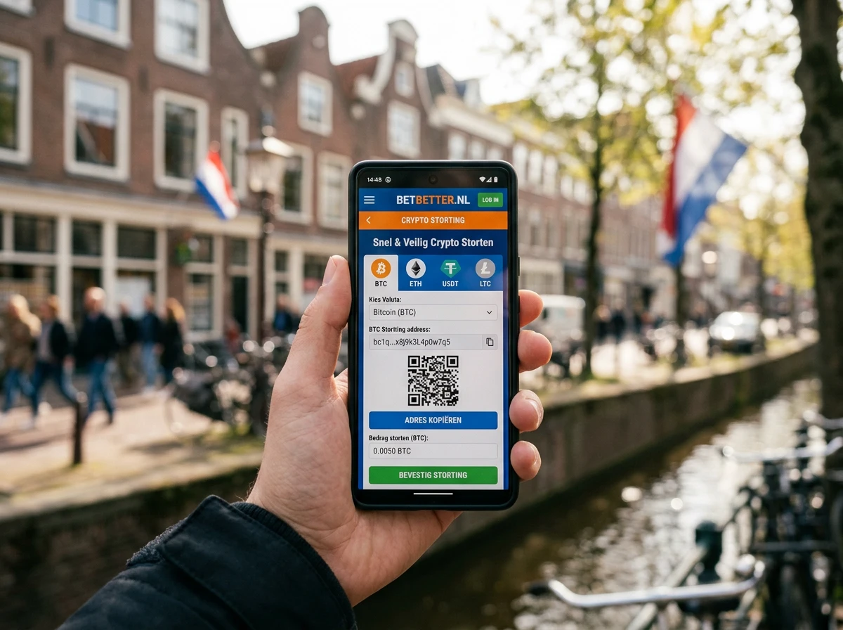 Smartphone met een crypto bookmaker-interface en walletkoppeling voor Nederlandse spelers