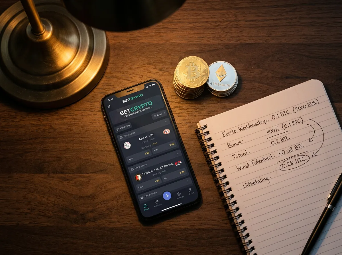 Crypto bookmaker-bonusaanbieding met weddenschapsvereisten en cryptocurrency-symbolen