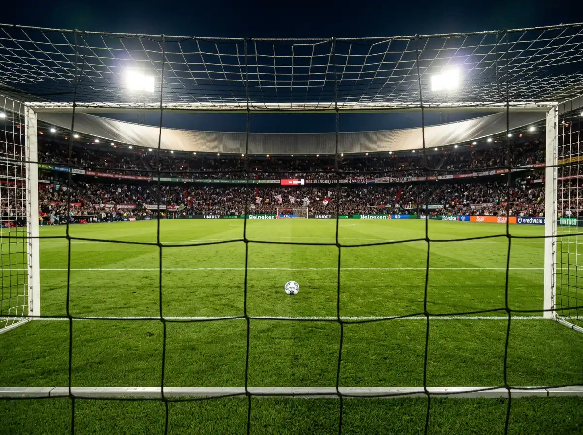 Eredivisie-voetbalveld met crypto-weddenschapinterface en odds-weergave