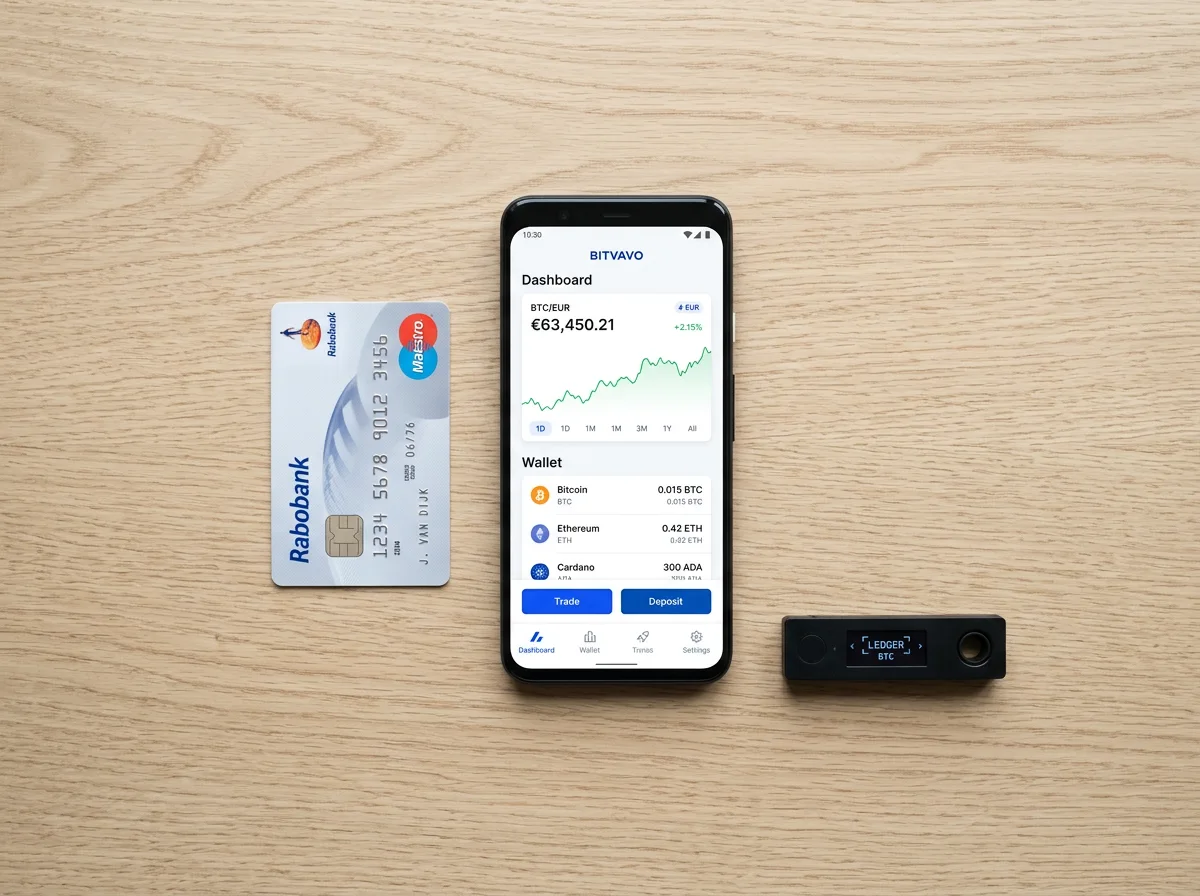 iDEAL-betaalinterface naast een crypto-wallet die de brug tussen fiat en blockchain toont