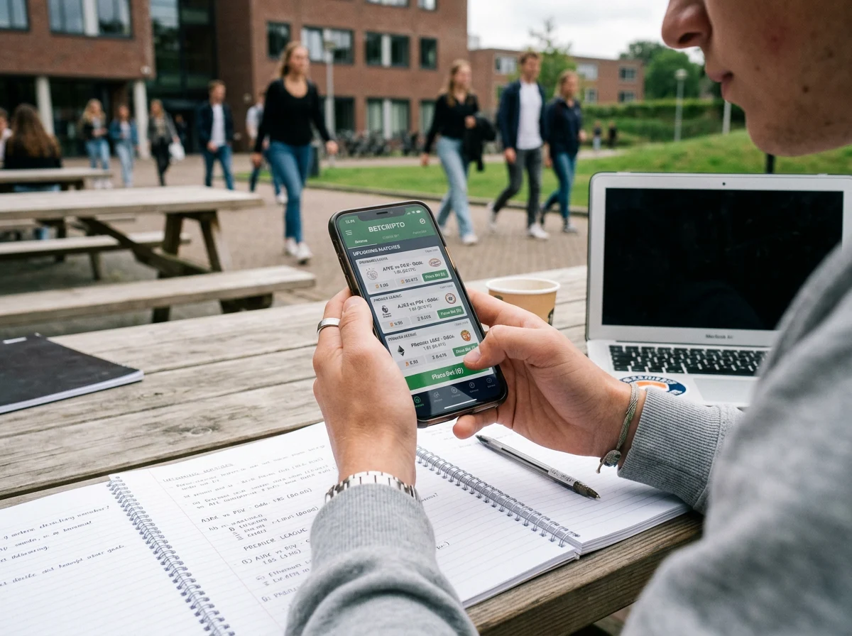 Jongvolwassenen met smartphones en crypto-goksymbolen die de kwetsbaarheid van deze leeftijdsgroep illustreren