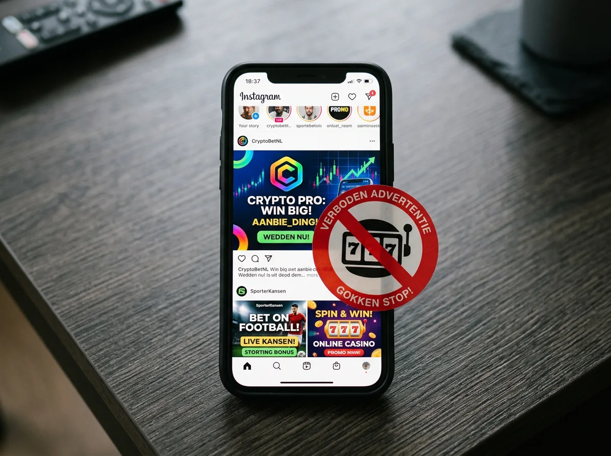 Sociale media-advertenties voor gokken met een verbodssymbool en KSA-handhavingselementen