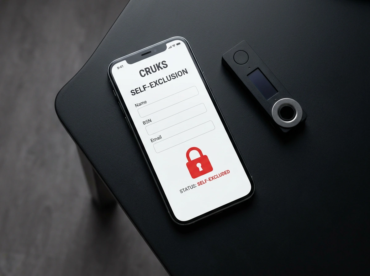 Digitale weergave van het CRUKS-zelfuitsluitingsregister naast een crypto-wallet