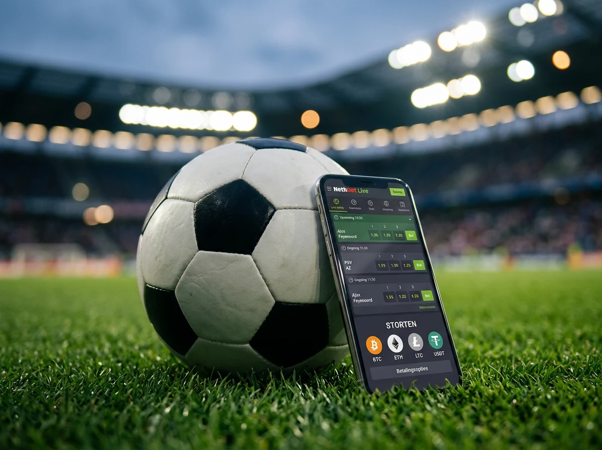 Sportweddenschappen-interface met cryptocurrency-betalingen en Eredivisie-wedstrijden