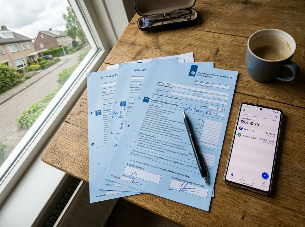 Nederlandse belastingformulieren naast een crypto-wallet met euro- en USDT-symbolen