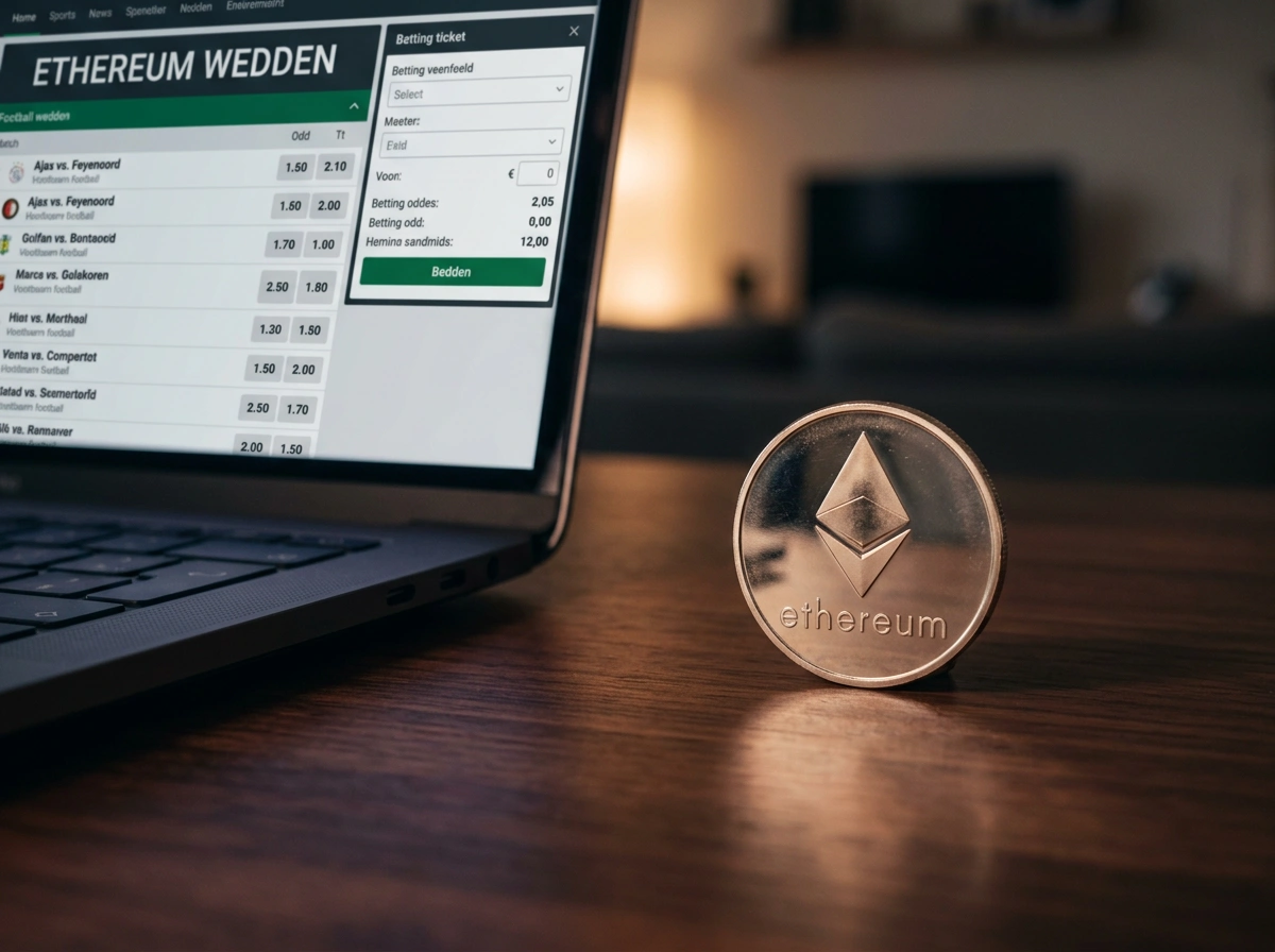 Ethereum-logo naast een digitale weergave van sportweddenschappen voor Nederlandse spelers