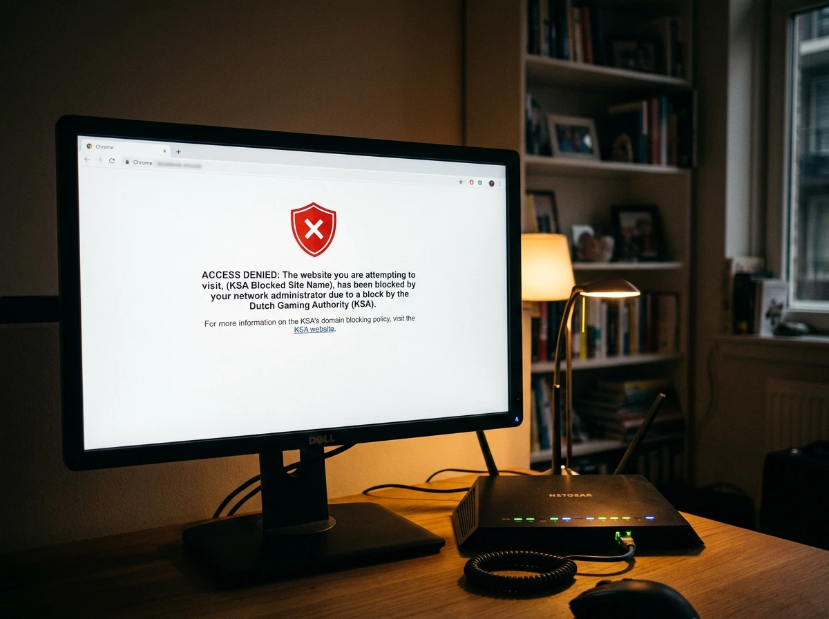 ISP-blokkadescherm met KSA-logo en geblokkeerde gokdomeinen in Nederland