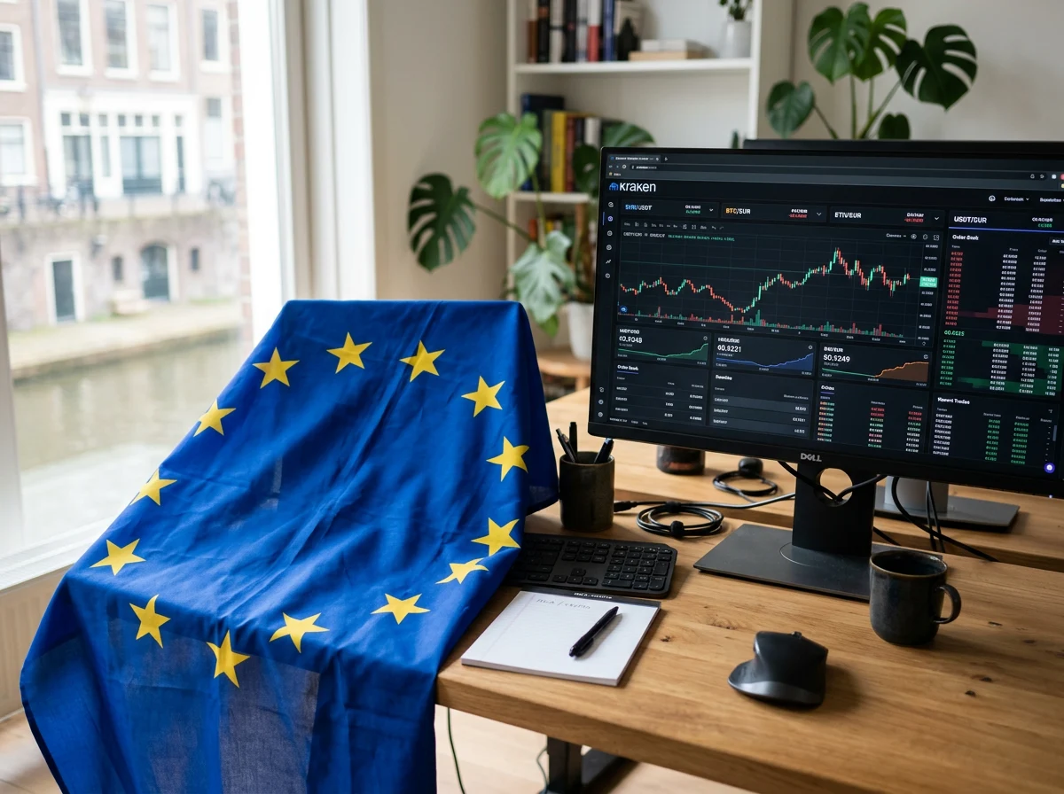 EU-vlag met blockchain-elementen en een verwijzing naar de MiCA-verordening voor crypto-gokregulering
