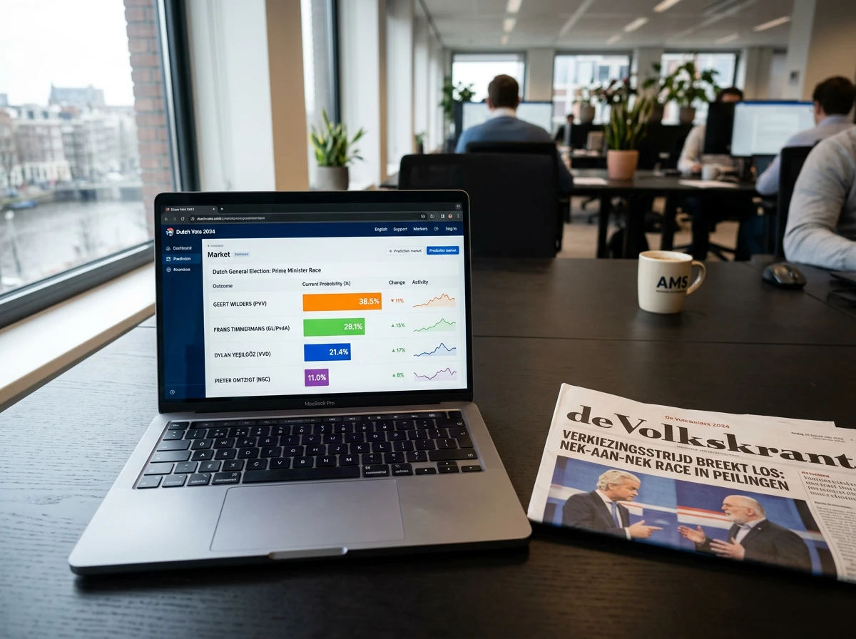 Prediction market-interface met Nederlandse verkiezingsresultaten en blockchain-transacties